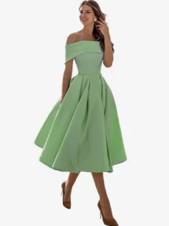 Robe de bal trapèze à épaules dénudées en satin longueur thé robe de soirée habillée