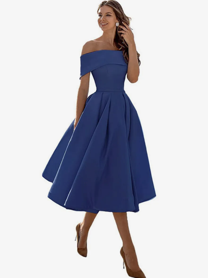 Robe de bal trapèze à épaules dénudées en satin longueur thé robe de soirée habillée