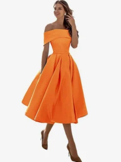 Robe de bal trapèze à épaules dénudées en satin longueur thé robe de soirée habillée