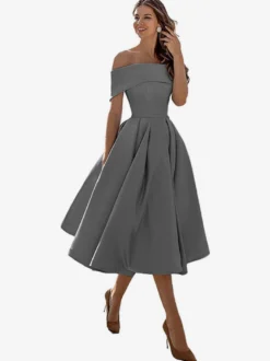 Robe de bal trapèze à épaules dénudées en satin longueur thé robe de soirée habillée