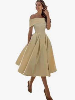 Robe de bal trapèze à épaules dénudées en satin longueur thé robe de soirée habillée