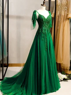 Robe de bal vert foncé dentelle col en V A-ligne sans manches perles à lacets robes de soirée maxi