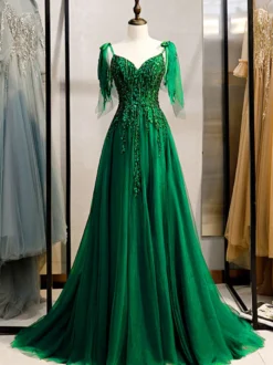 Robe de bal vert foncé dentelle col en V A-ligne sans manches perles à lacets robes de soirée maxi