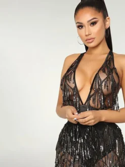 Robe de club pour femme Robe sexy en polyester sans manches à franges à encolure en V noire