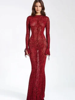 Robe de club pour femmes col bijou sexy manches longues polyester robe sexy rouge