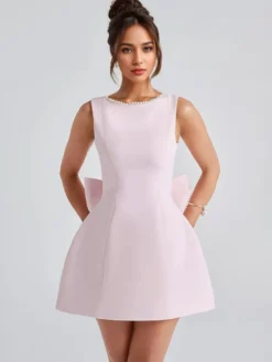Robe de cocktail en perles avec nœud sans manches coupe trapèze dos nu mini robe de fête d'anniversaire pour femmes 2026