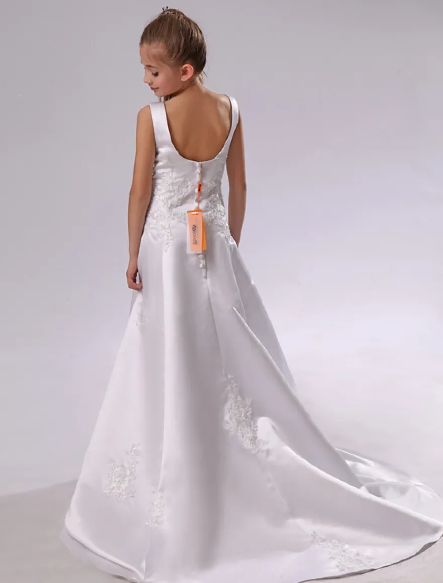Robe de cortège enfant blanc en satin col rond avec applique