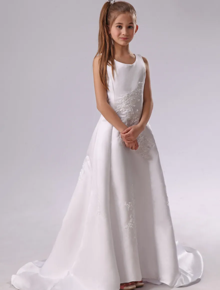 Robe de cortège enfant blanc en satin col rond avec applique
