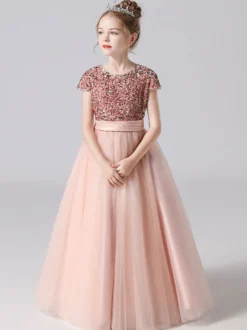 Robe de cortège enfant robe fille cérémonie rose paillete col rond manche courte au sol jupe en tulle noeud sur dos