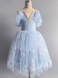 Robe De Danse Ballet Bleu Ballerine Femmes Enfants Paillettes Dentelle Fleurie Costume