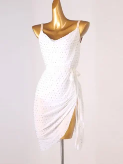 Robe de danse latine blanche pour femme dos nu ornée de strass coupe moulante en polyester