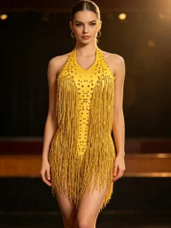 Robe de danse latine bleue à franges pour femme robe dos nu sexy costume de danse