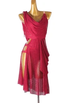 Robe de danse latine Bourgogne Strass pour femmes Épaule ouverte Balustral Sexy Polyester Robe De Danse Costume
