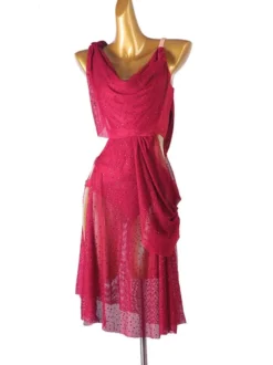 Robe de danse latine Bourgogne Strass pour femmes Épaule ouverte Balustral Sexy Polyester Robe De Danse Costume