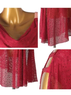 Robe de danse latine Bourgogne Strass pour femmes Épaule ouverte Balustral Sexy Polyester Robe De Danse Costume