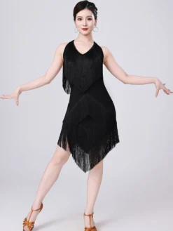 Robe de danse latine champagne dos nu à franges et pompons robe élégante en polyester costume de danse