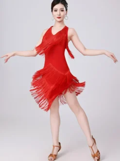 Robe de danse latine champagne dos nu à franges et pompons robe élégante en polyester costume de danse