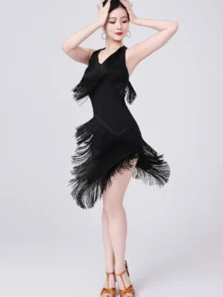 Robe de danse latine champagne dos nu à franges et pompons robe élégante en polyester costume de danse