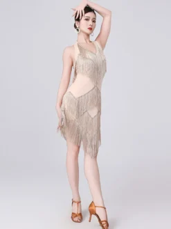Robe de danse latine champagne dos nu à franges et pompons robe élégante en polyester costume de danse