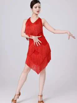 Robe de danse latine champagne dos nu à franges et pompons robe élégante en polyester costume de danse