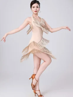Robe de danse latine champagne dos nu à franges et pompons robe élégante en polyester costume de danse