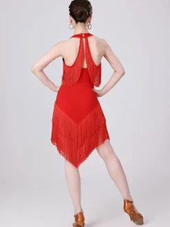 Robe de danse latine champagne dos nu à franges et pompons robe élégante en polyester costume de danse