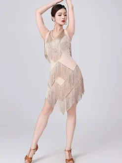 Robe de danse latine champagne dos nu à franges et pompons robe élégante en polyester costume de danse