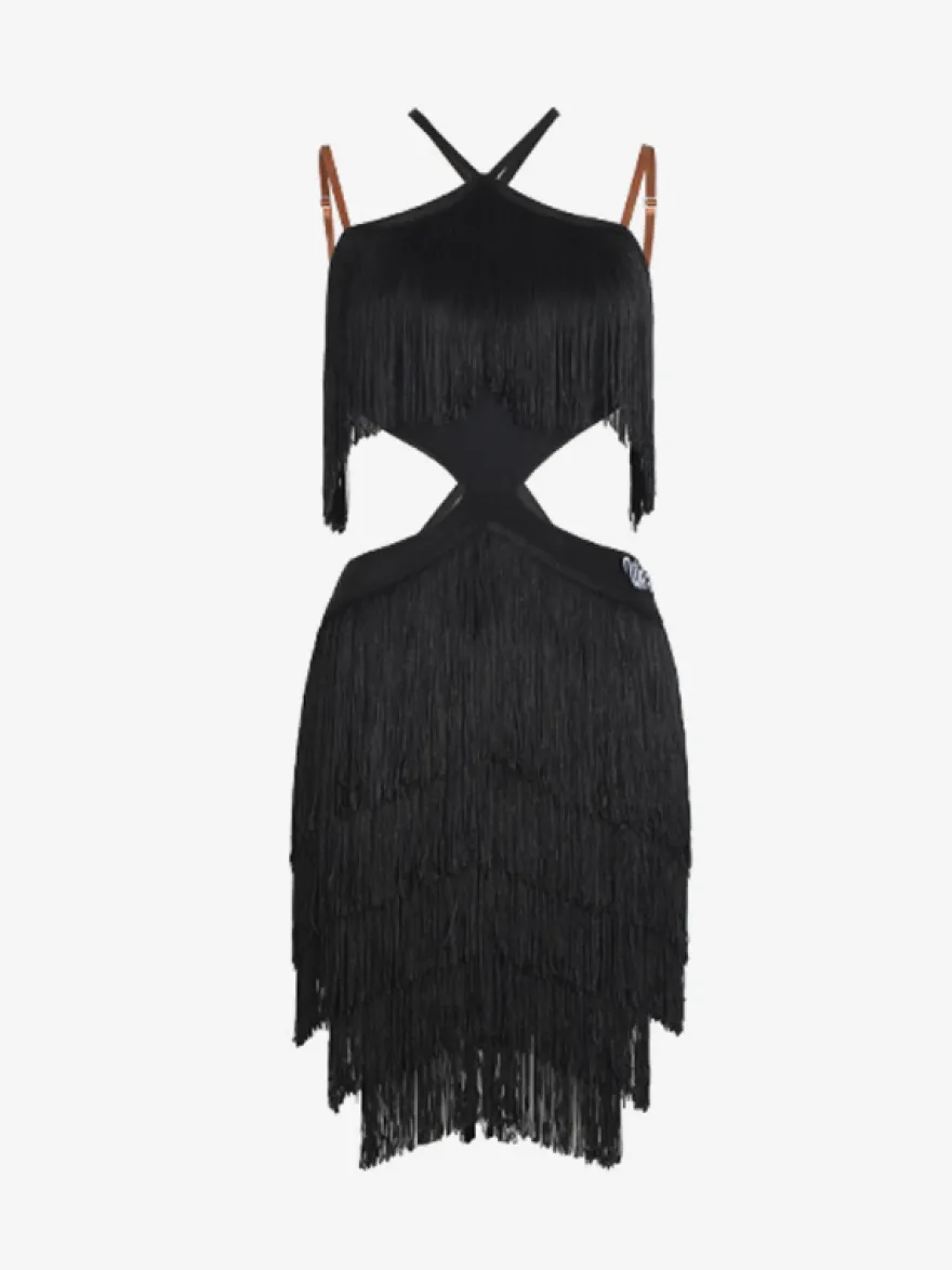 Robe de danse latine noire ensemble dos nu à franges costume de danse