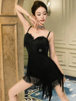 Robe de danse latine noire à franges pour femme costume de danse spaghetti gainant
