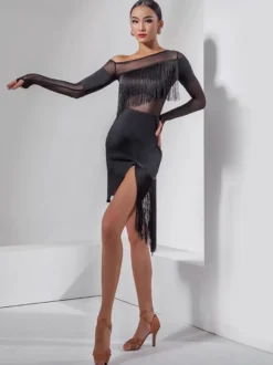 Robe de danse latine noire à franges pour femme robe de danse sexy asymétrique à une épaule