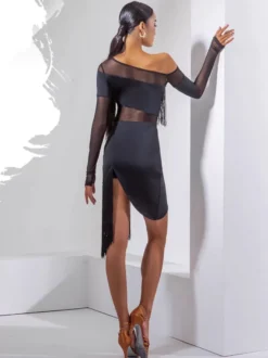 Robe de danse latine noire à franges pour femme robe de danse sexy asymétrique à une épaule