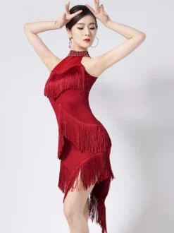 Robe de danse latine noire à franges et dos nu élégante robe de danse en polyester pour femme