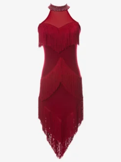 Robe de danse latine noire à franges et dos nu élégante robe de danse en polyester pour femme