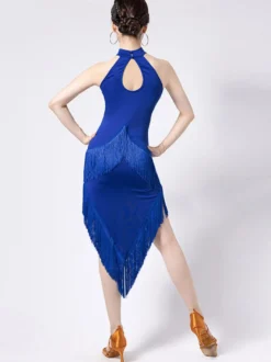 Robe de danse latine noire à franges et dos nu élégante robe de danse en polyester pour femme