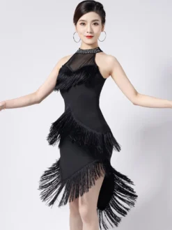 Robe de danse latine noire à franges et dos nu élégante robe de danse en polyester pour femme