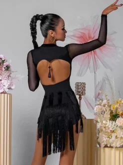 Robe de danse latine noire à franges pour femme manches longues dos nu élégante en polyester.