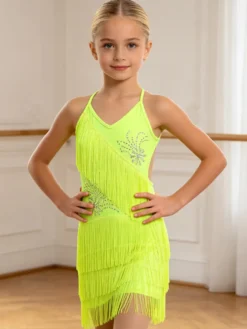 Robe de danse latine noire pour fille à franges dos nu et bretelles croisées élégante robe en polyester tenue de danse
