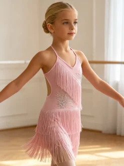 Robe de danse latine noire pour fille à franges dos nu et bretelles croisées élégante robe en polyester tenue de danse