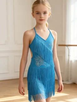 Robe de danse latine noire pour fille à franges dos nu et bretelles croisées élégante robe en polyester tenue de danse