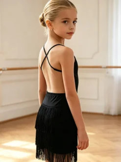 Robe de danse latine noire pour fille à franges dos nu et bretelles croisées élégante robe en polyester tenue de danse
