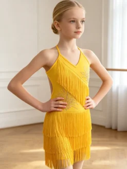 Robe de danse latine noire pour fille à franges dos nu et bretelles croisées élégante robe en polyester tenue de danse