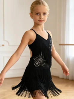 Robe de danse latine noire pour fille à franges dos nu et bretelles croisées élégante robe en polyester tenue de danse