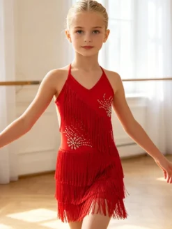 Robe de danse latine noire pour fille à franges dos nu et bretelles croisées élégante robe en polyester tenue de danse