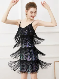 Robe de danse latine noire sexy à bretelles et franges à pompons costume de danseuse latine