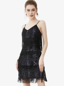 Robe de danse latine noire sexy à bretelles et franges à pompons costume de danseuse latine