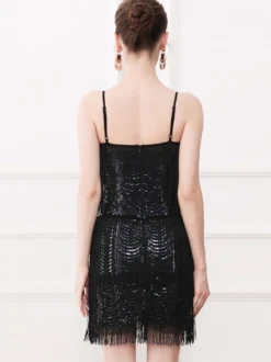 Robe de danse latine noire sexy à bretelles et franges à pompons costume de danseuse latine