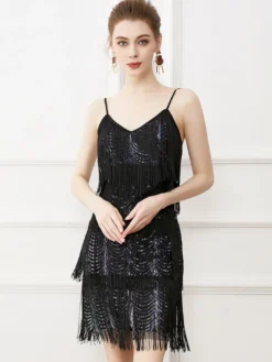 Robe de danse latine noire sexy à bretelles et franges à pompons costume de danseuse latine