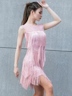 Robe de danse latine noire sexy à franges et pompons pour femme costume de danseuse latine court