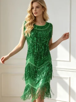 Robe de danse latine à paillettes dorées et franges costume de danseuse latine