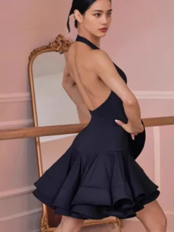 Robe de danse latine pour femme noire dos nu sans manches salsa tango costume de danse de salon